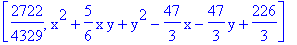 [2722/4329, x^2+5/6*x*y+y^2-47/3*x-47/3*y+226/3]